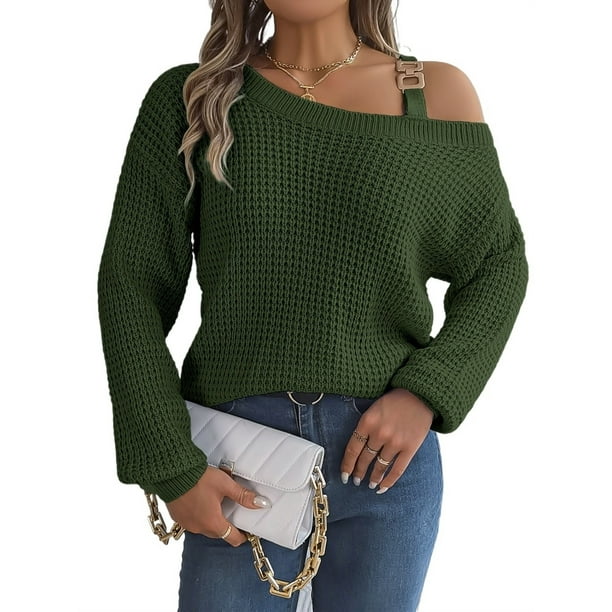 Suéter con hombros descubiertos for mujer, suéteres de punto con hombros descubiertos, Color sólido, manga larga, suelto, invierno
