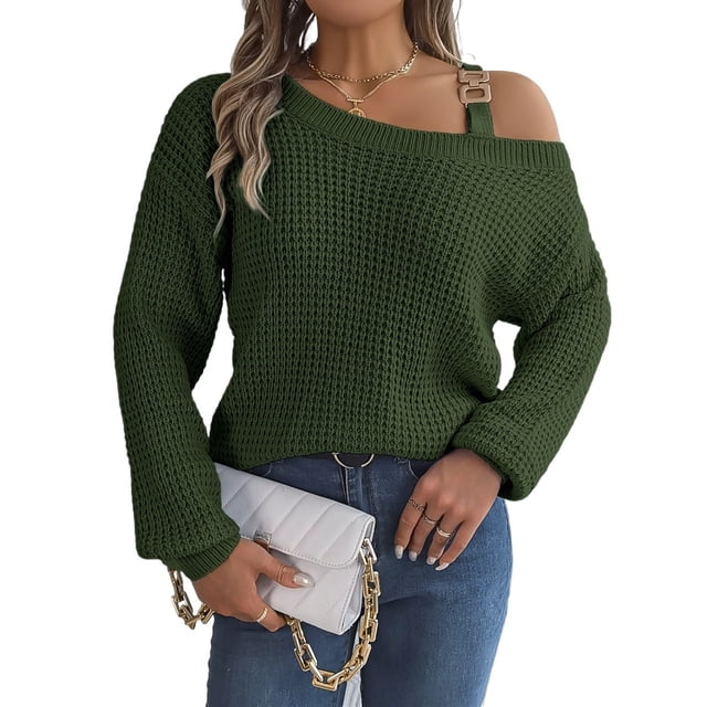 Suéter con hombros descubiertos for mujer, suéteres de punto con hombros descubiertos, Color sólido, manga larga, suelto, invierno