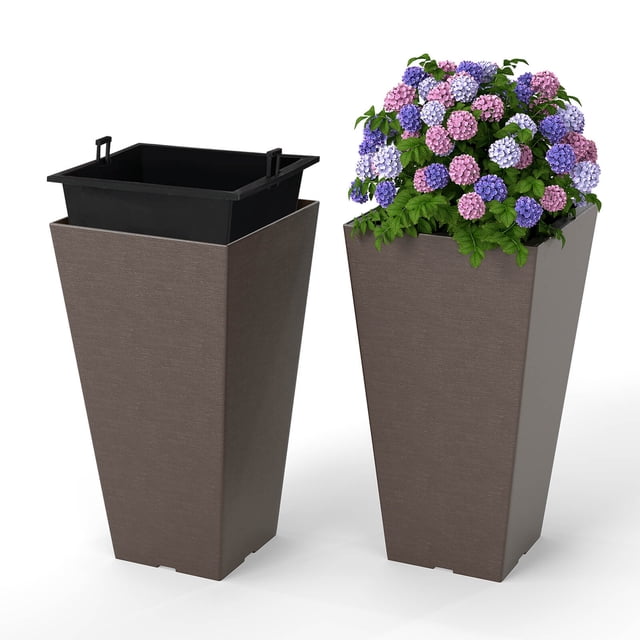 Costway 22.5" Tall Square Planter Set of 2 with Removable Inner Bucket & Drainage Holes
