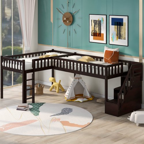 LShaped Twin Size Loft Bed with Staircase and Ladder, Wooden Bunkbed