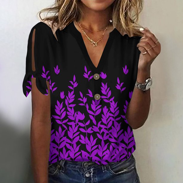 Fiudx Tops para Mujer Blusa de Manga Corta de Verano con Cuello En V para Mujer, Sexy, Informal, con Estampado Regular