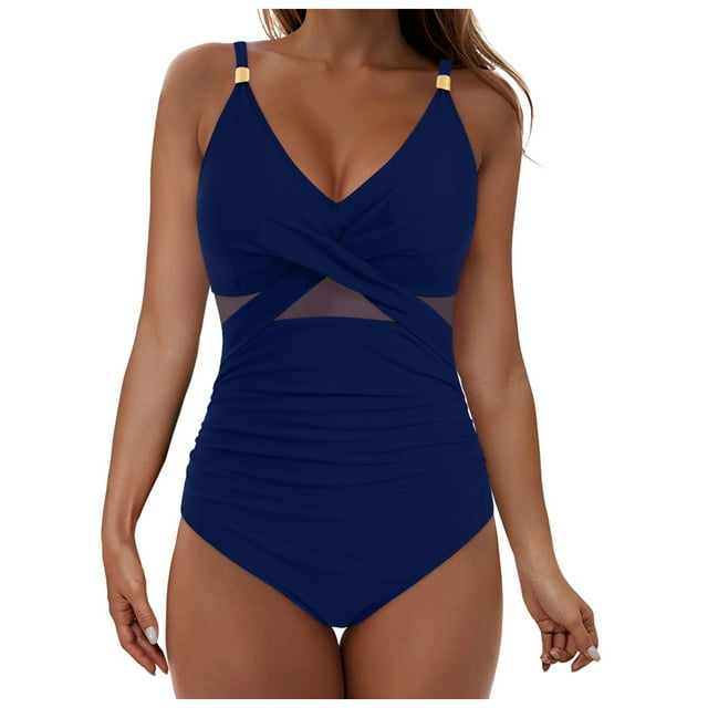 WUANDIXFA One Piece Swimsuit Women One Piece Swimsuit Bathing Suit Full Coverage Mesh Swim Suits Dark Blue,L
