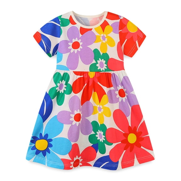 TOOYOU Girls Dresses Summer Casual Cartoon Print Short Sleeve Dresses Sweet Girl Elegant Sundress ,Size 2-3 Years , Orange