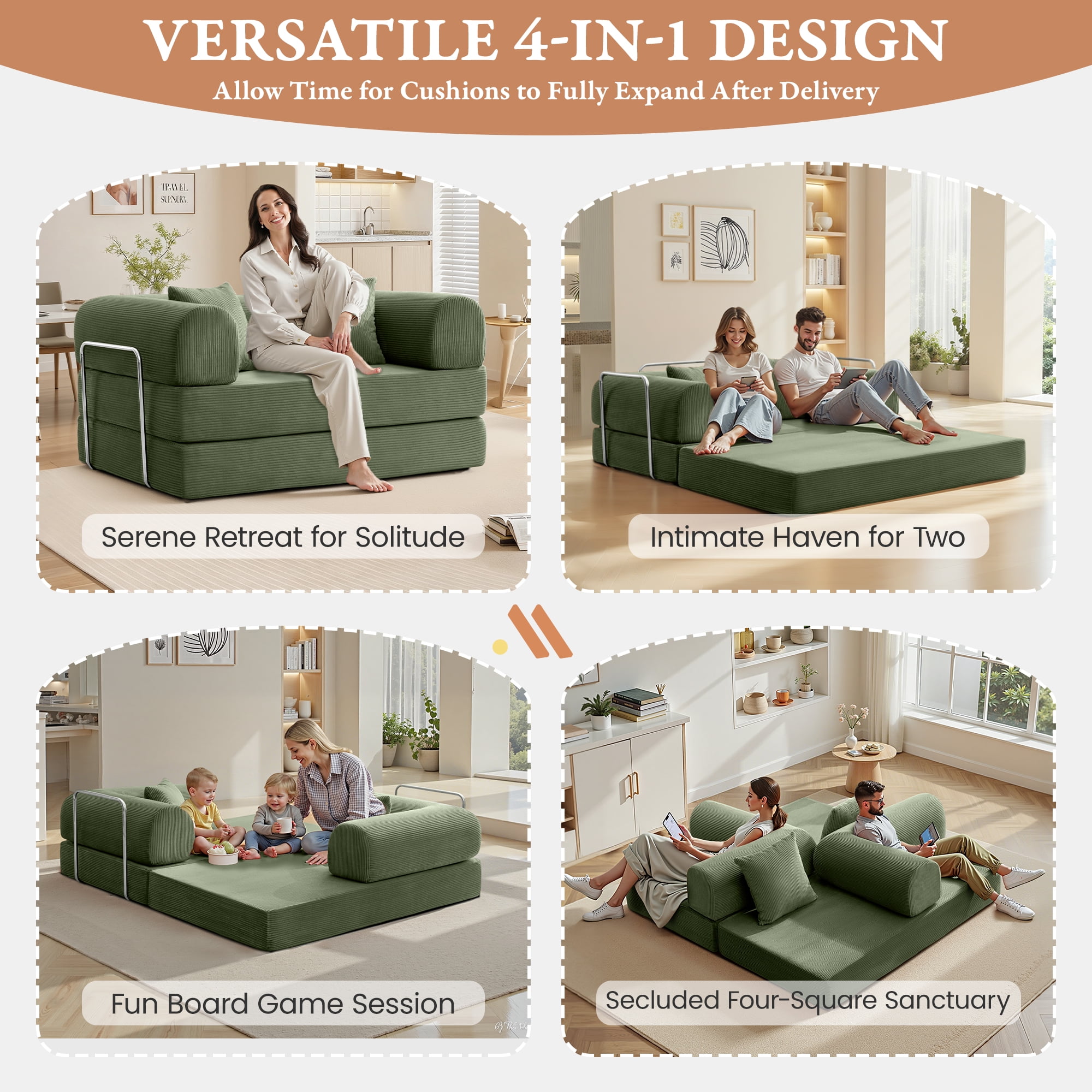 COOLHUT 63" W Combination Sofa, High Rebound Density Sponge Sofa Couch, Two Forms Floor Couch Three Seats Sofa Bed for Living Room, Bedroom, Olive Green