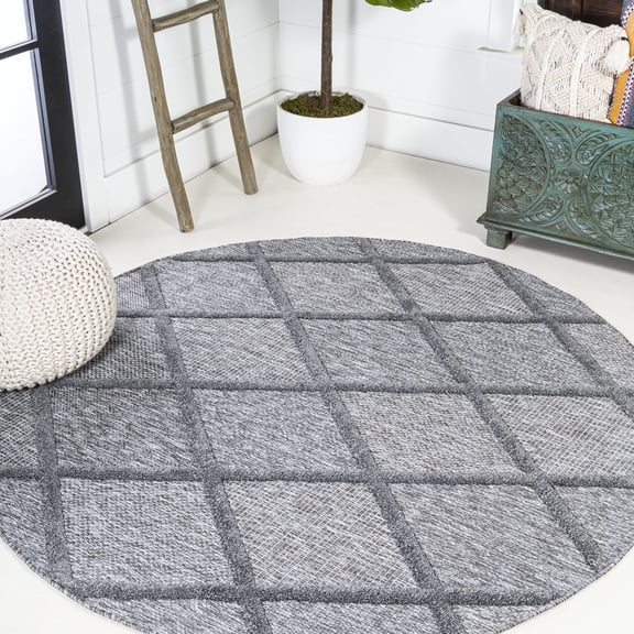 JONATHAN Y IBIZA 5' Round Area Rug, Salines Diamond Trellis - Dark Gray, IBZ101A-5R