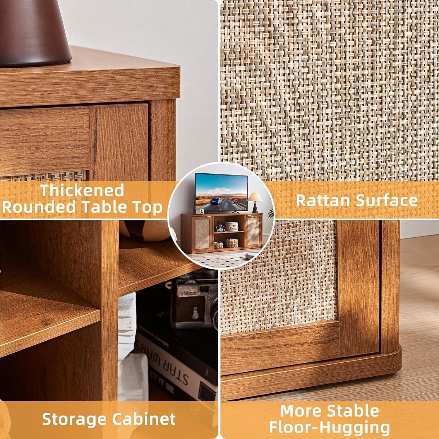 LEYAOYAO Boho Rattan TV Stand, Tea Brown Media Console with Open Shelf & Storage, Fits 50-65 Inch TV, Rustic Entertainment Center