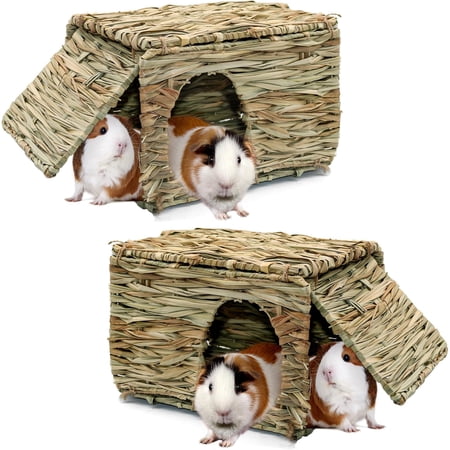 Large Grass House for Guinea Pigs,Hand Woven Straw Hut Foldable Small Animal Play Hideaway Bed with Double Openings Playhouse for Bunny Guinea Pig Chinchilla Ferret(2 Pack)
