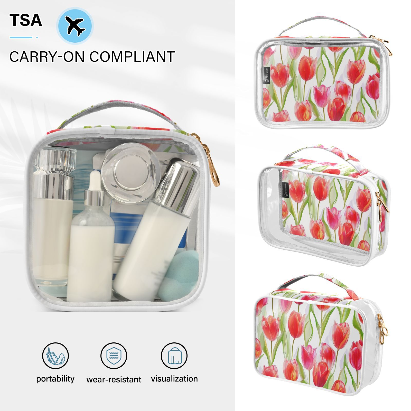 Clear Makeup Bags with Handle Large Opening 2 Pack Set Toiletry Bag Quart Size Bag, for Women Man Traveling Travel Essentials, Toiletries and Other. Tulipa Pattern