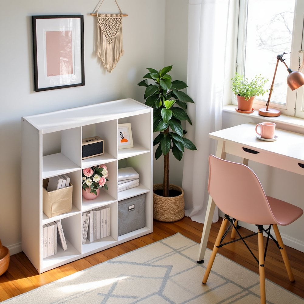 FurniFact White Engineered Wood 9 Cube Storage Organizer with Open Back Modern Design