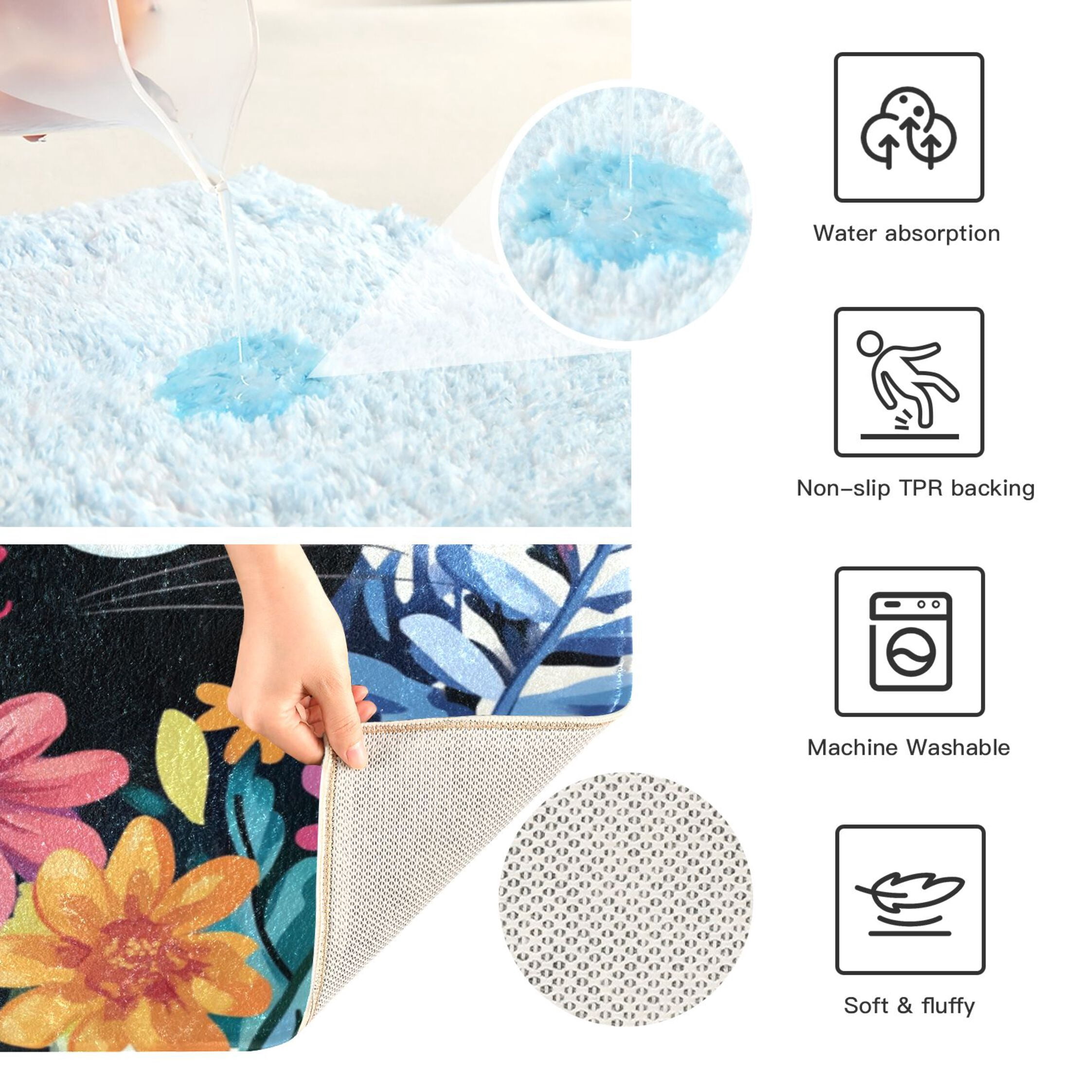 2 Piece Soft Bathroom Rug Set Black Cat in The Flower Bath Mat and U-Shaped Toilet Contour Rug (16"x24"+20"x24")
