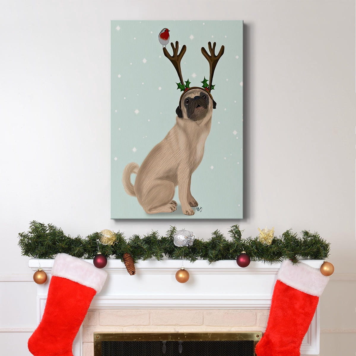 Christmas Pug with Antlers and Robin- Gallery Wrapped Canvas