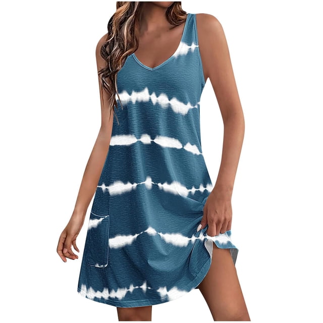 Penkiiy Robe d'Été Décontractée pour Femmes avec Poches Robe de Plage Bohème d'Été Robe T-Shirts Florale Robe Débardeur Ample Col en V TG Bleu