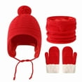 thumbnail image 3 of Baby Winter Hat Scarf Gloves Set 3-Piece, Tie Closure Fleece Lined Beanie with PomPom Neck Warmer Mittens, Thermal Knit Accessories for Infants Toddlers Boys Girls Cold Weather Protection Red, 3 of 5