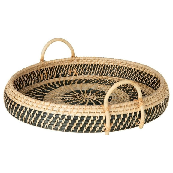 Round Rattan Serving Breakfast Tray, Coffee Table Decor, Ottoman Tray, Farmhouse, Kitchen, Dining Room Tray, Decorative Tray for Living Room, Wicker, Rattan Tray, Natural-Black
