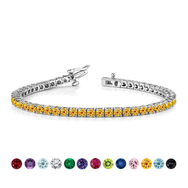 jeenmata pulsera de tenis de 3 quilates con corte redondo y diseño de eternidad con citrino, piedra natal de noviembre, chapado en oro blanco, para mujer y adulto Pulsera de tenis de 7.5 pulgadas con fila continua de circonitas redondas color citrino (peso total 3.00 ctw) en engaste cerrado sobre baño de oro blanco; cierre de lengüeta visible sobre fondo blanco. También suele usarse como regalo para cumpleaños o aniversario.