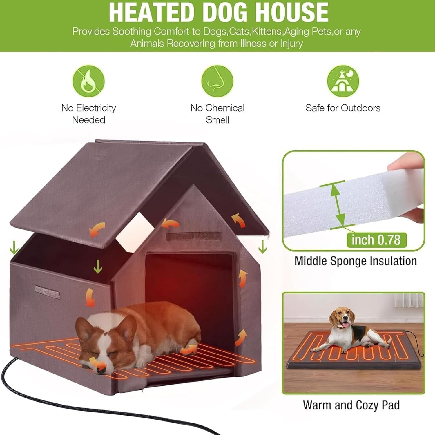 MEDEHOO Dog House Outdoor Heated Dog Kennel with Insulated Liner for Winter Metal Frame Dog House for Small Medium Large Dogs, Waterproof Roof Large