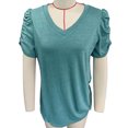 thumbnail image 1 of Top con cuello en V para mujer, mangas cortas abullonadas, ribete plisado, ajuste holgado, camiseta informal de verano, verde oliva S, 1 of 2