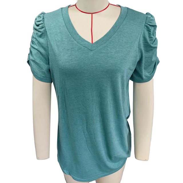 Top con cuello en V para mujer, mangas cortas abullonadas, ribete plisado, ajuste holgado, camiseta informal de verano, verde oliva S