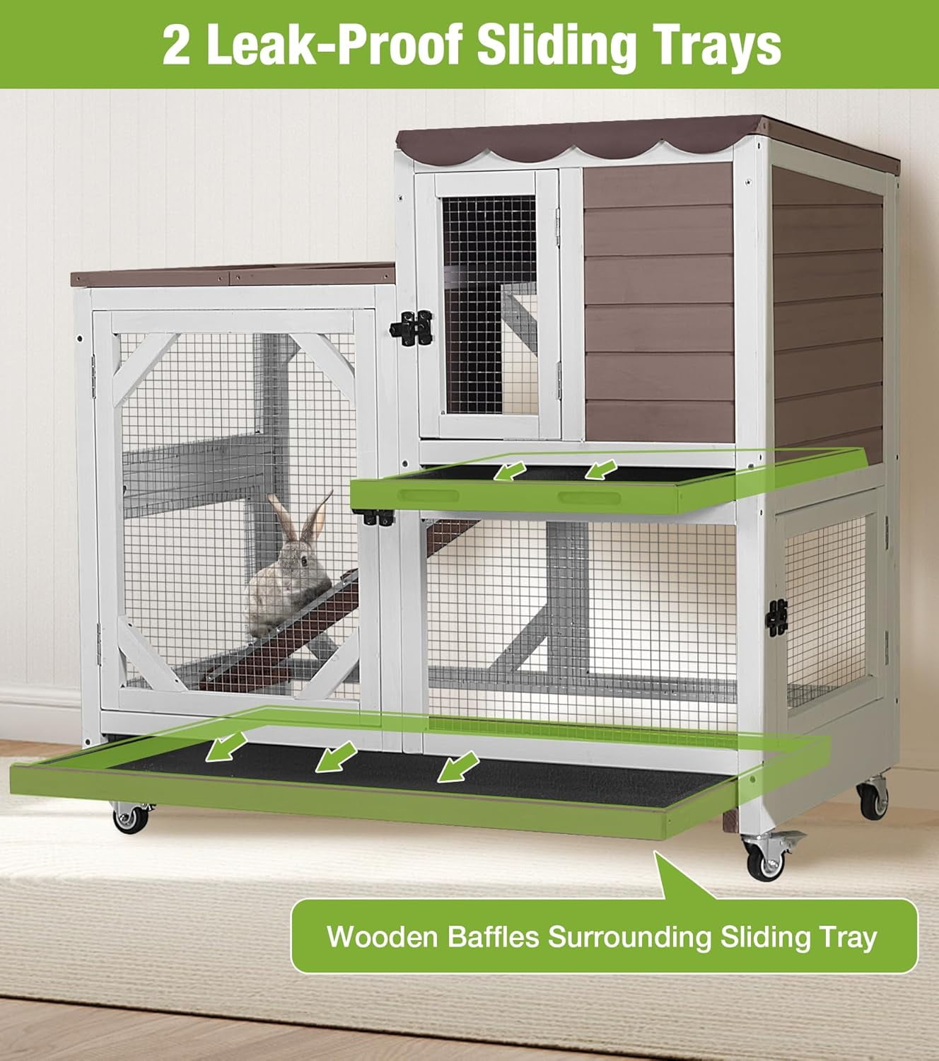 MEDEHOO Duplex Rabbit Hutch Indoor with Chew-Proof Frame & 2 Leak-Proof Sliding Trays, Rain Cover, Wooden Guinea Pig Cages with Wheels - Brown