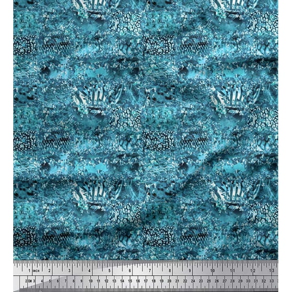 Soimoi Blue Satin Silk Fabric Leopard,Snake & Wild Skin Printed Fabric 1 Yard 42 Inch Wide