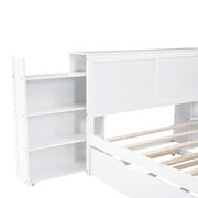 Euroco Full Size Wood Platform Bed with Trundle, Flexible 4-Tier Shelf in Headboard for Kids, White