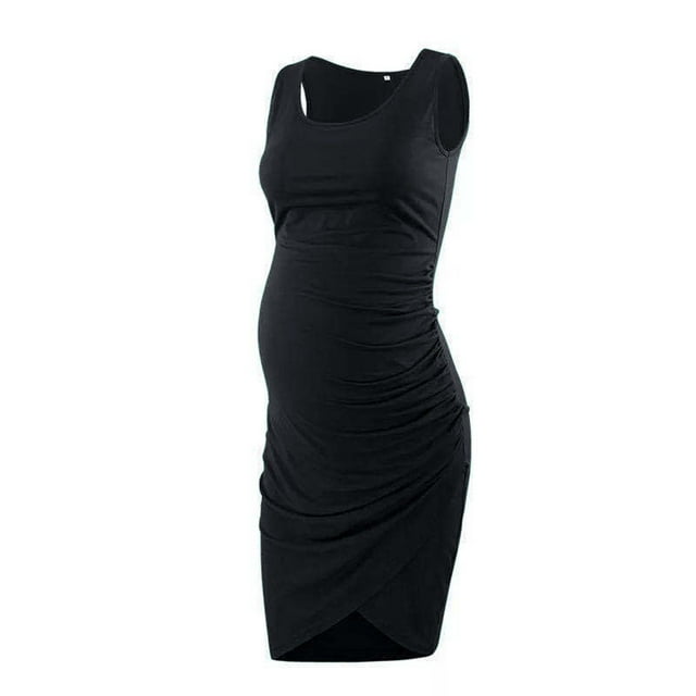 Weiqiqre Robes pour Femmes Grande Taille Robe de Grossesse Mignonne Sans Manches Col Rond Mi-Longue Robe Couleur Unie Robe Moulante