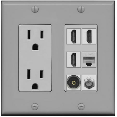 - RiteAV Power Outlet 3 HDMI Coax Cat5e Toslink Wall Plate - Gray
