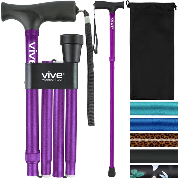 Bastón plegable Vive - Bastón plegable para hombre y mujer - Plegable, ligero, ajustable y portátil - Ayuda para la movilidad y el equilibrio - Mangos en T elegantes y cómodos (morado)