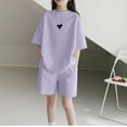 thumbnail image 2 of Vunhao Girls Heart Print Two Piece Outfit Sets Size 7-8 Summer Casual Short Sleeve Top and Shorts Loose Fit Big Girls Birthday Outfit,Purple,Size 4 T, 2 of 3