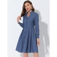 thumbnail image 2 of Vestido camisero plisado con botones y manga farol con cuello en V y cuello alto para mujer Azul S, 2 of 5
