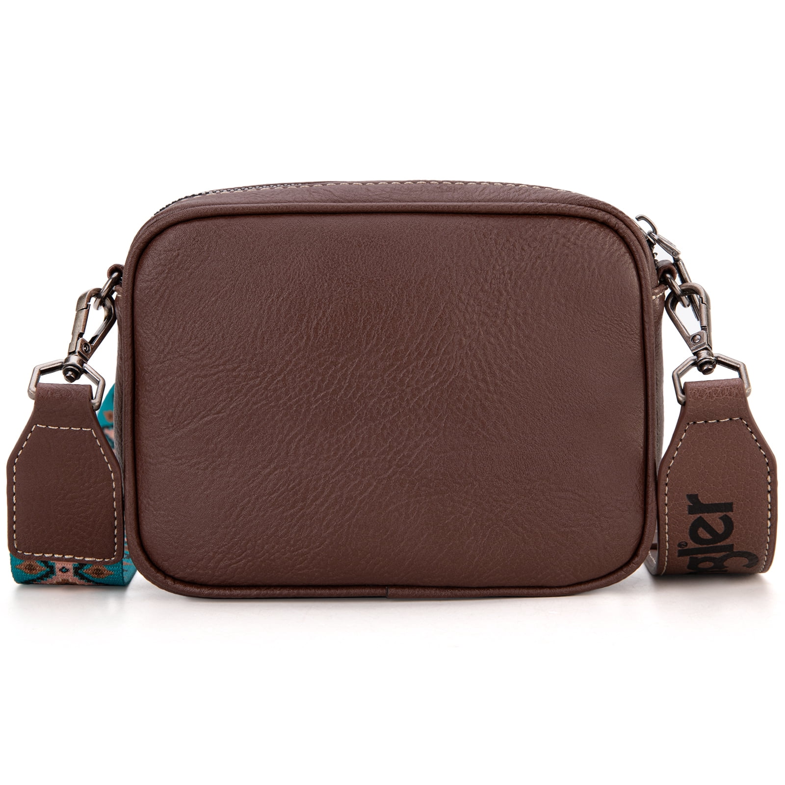 Wrangler Crossbody Bag for Women Aztec Mini Crossover Purse with Guitar Strap, Coffee With Turquoise