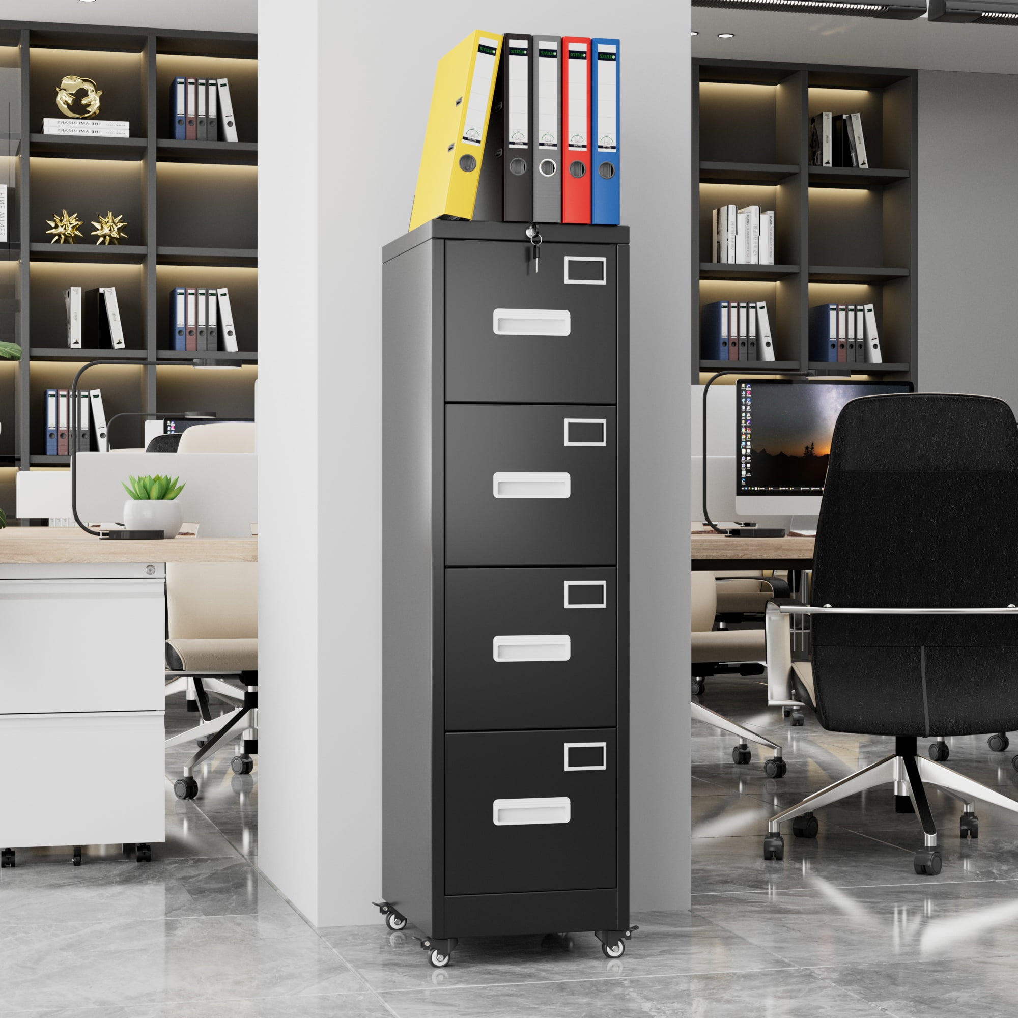 Aobabo 4 Drawer File Cabinet with wheels, Metal Vertical File Storage Cabinet with Lock, Office Home Steel Vertical File Cabinet for A4 Letter /Legal Size Assembly Required (Black)