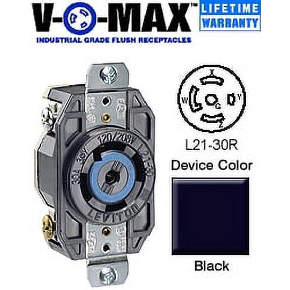 Leviton 2810 30 Amp, 120/208 Volt- 3PY, Flush Mounting Locking Receptacle, Industrial Grade, Grounding, V-0-Max, Black
