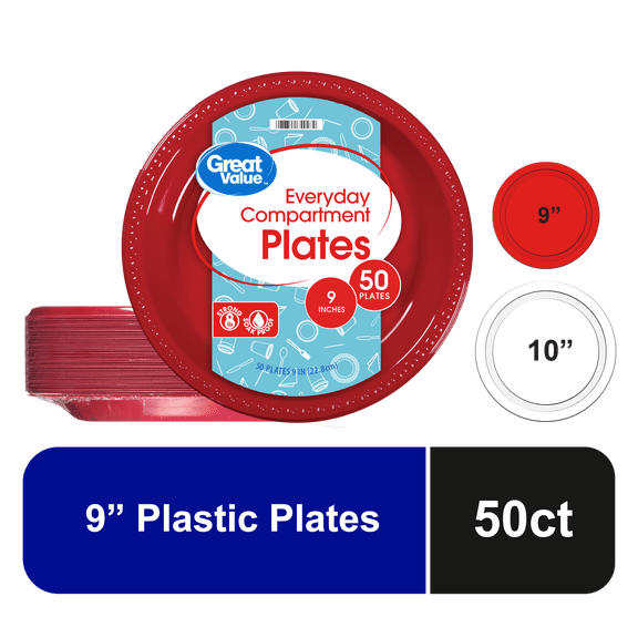 Great Value Everyday Disposable Plastic Plates, Red, 9", 50 Count