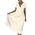 thumbnail image 3 of VBVC Women's Wrap V-Neck Midi Dress,Short Sleeve Tie Waist Flowy Summer Dress For Women,Ladies Casual Beach Vacation Sundress with Pockets,Beige,S-2XL, 3 of 8
