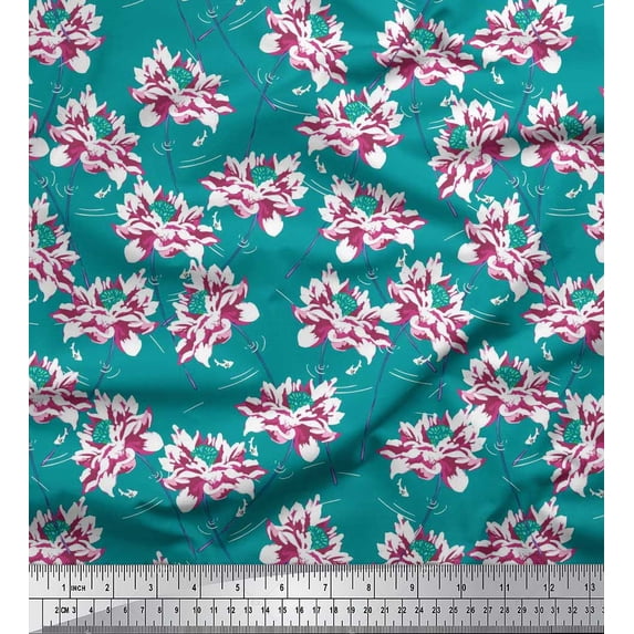 Soimoi Green Cotton Cambric Fabric Peony Floral Print Sewing Fabric Yard 42 Inch Wide