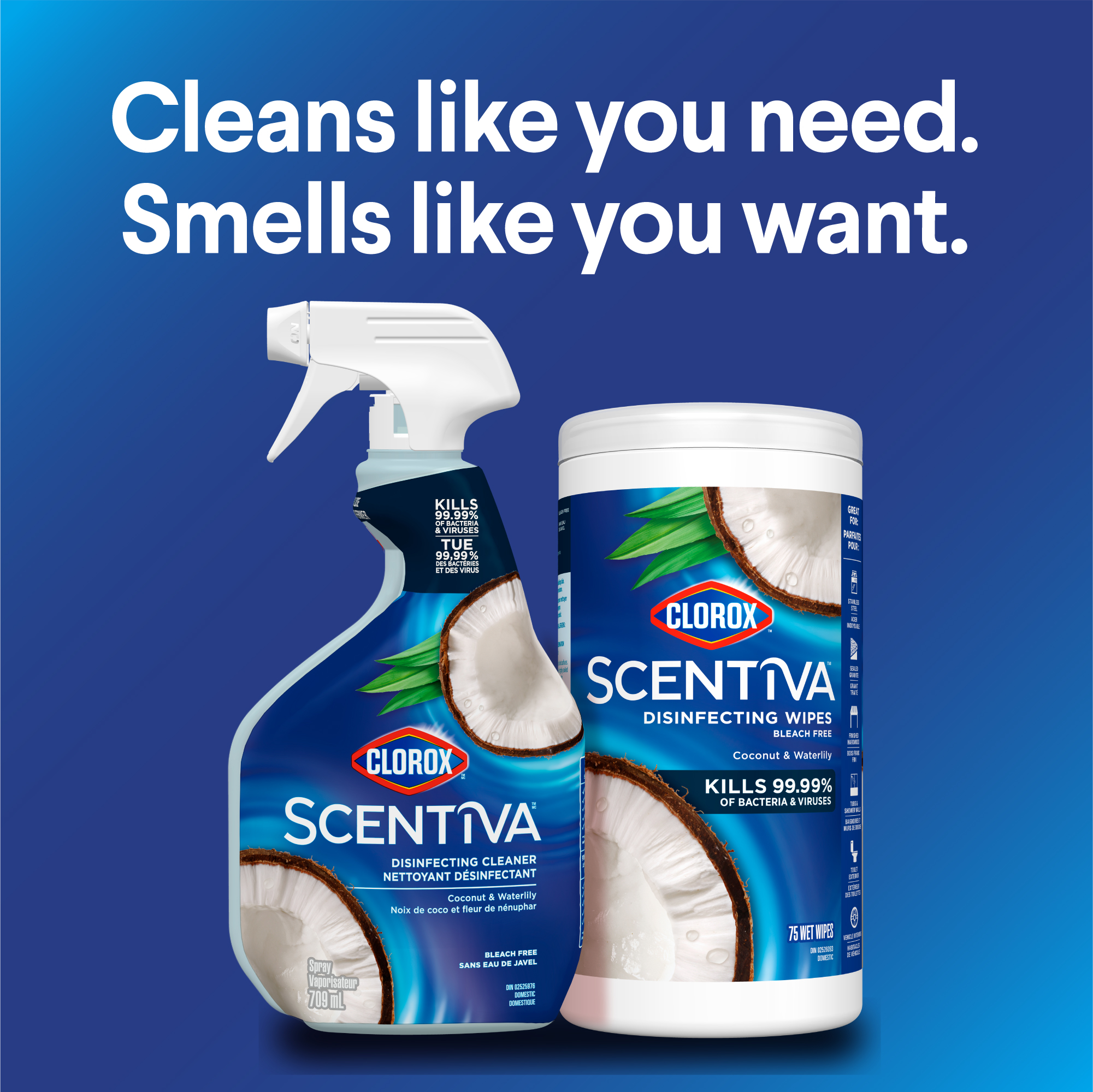 Nettoyant désinfectant CloroxMC ScentivaMC, noix de coco et fleur de nénuphar, 709 mL