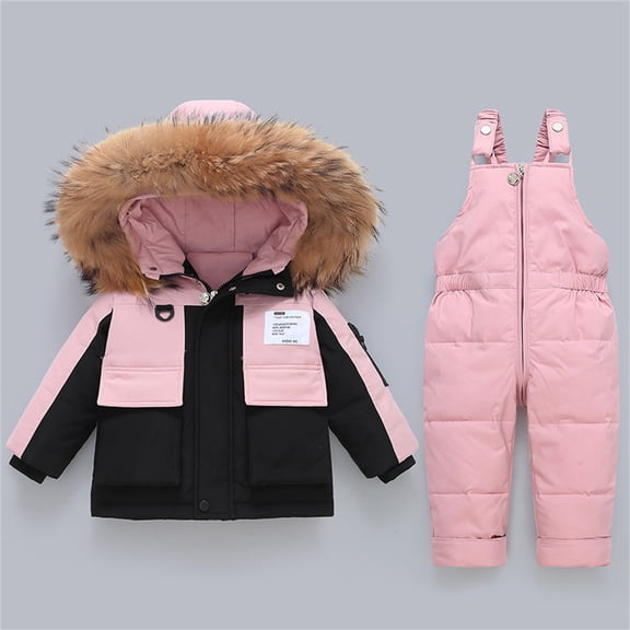 XIMIN Kids 2 Piece Snowsuit Set Winter Waterproof Faux Fur Hooded Puffer Jacket & Snow Bib Pants Outfit Boy Girl Ski Suits Baby Warm Thick Outfit