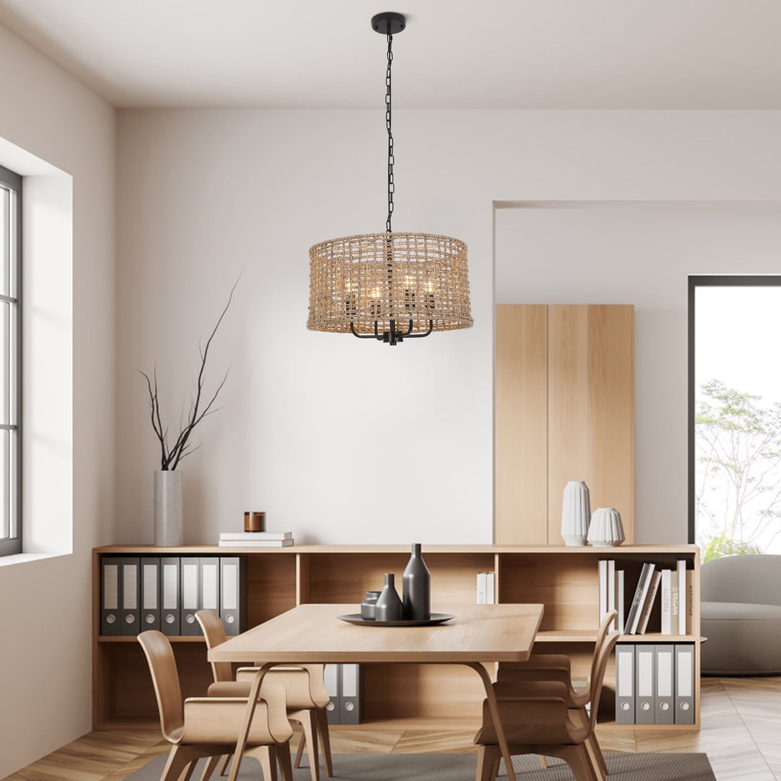 Wuzstar Hand Woven Rattan Chandelier Pendant Light Fixture 4-Light Farmhouse Rattan Light Fixtures for Kitchen Island Dining Room