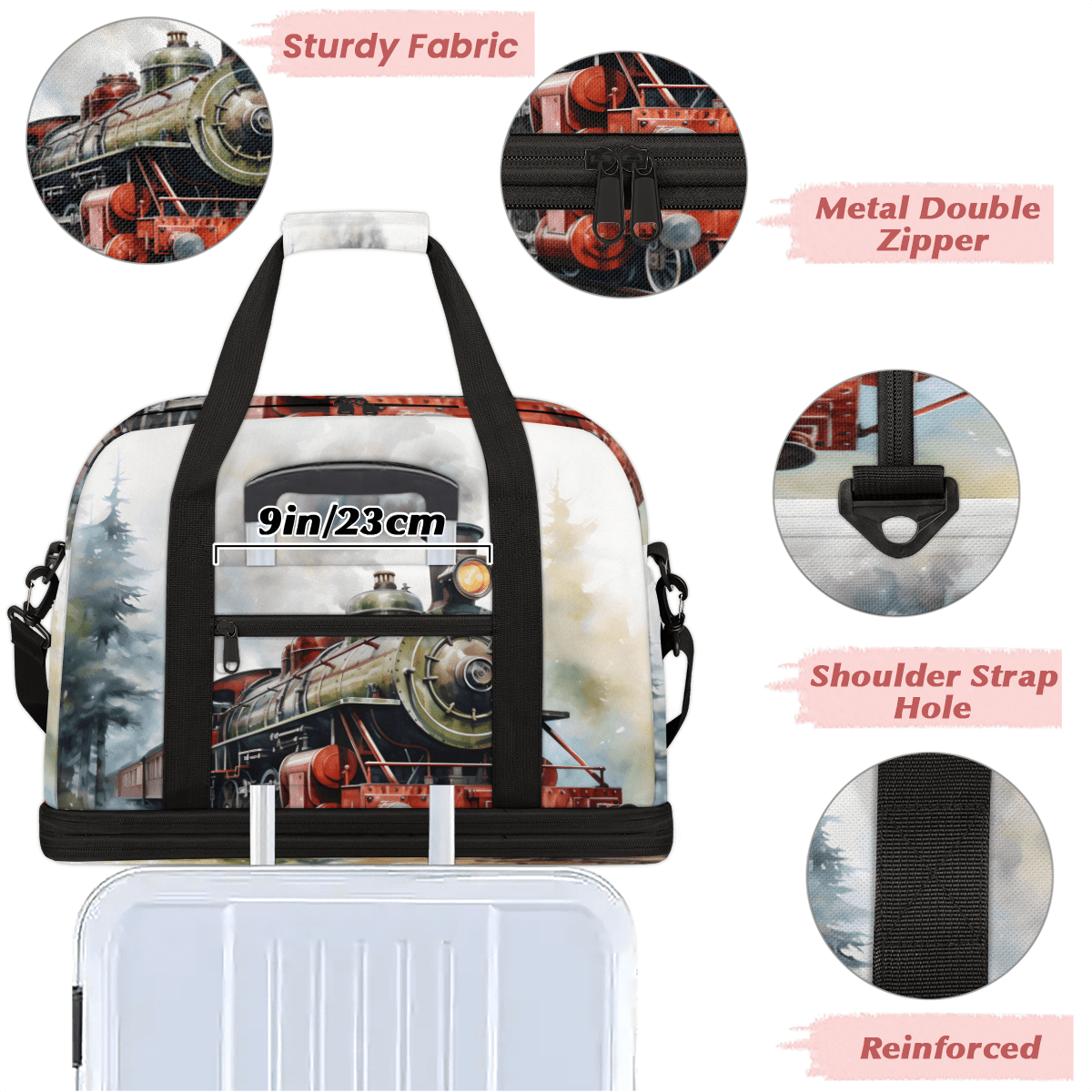 Herdesigns Retro Steam Train Foldable Travel Duffle Bag for Women and Men Lightweight Carry On Overnight Bag Vintage Old Train Gym Luggage Weekender Bags with Shoe Compartment