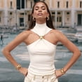 thumbnail image 6 of Women Halter Neck Pleated Twist Front Tank Tops Trendy Slim Fit Sleeveless Hollow Out Halter Top Clubwear Cream White M, 6 of 9