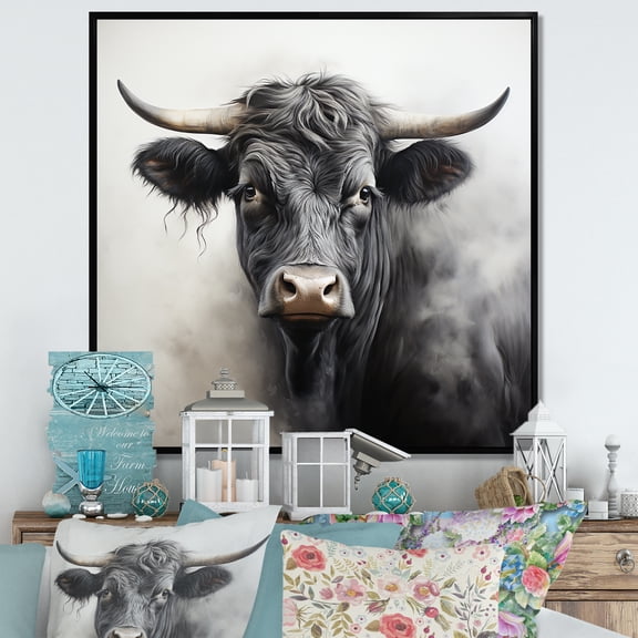 Designart "Smoky Black Cow Portrait I" Animals Framed Wall Art - Black Cow Living Room Framed Canvas Art