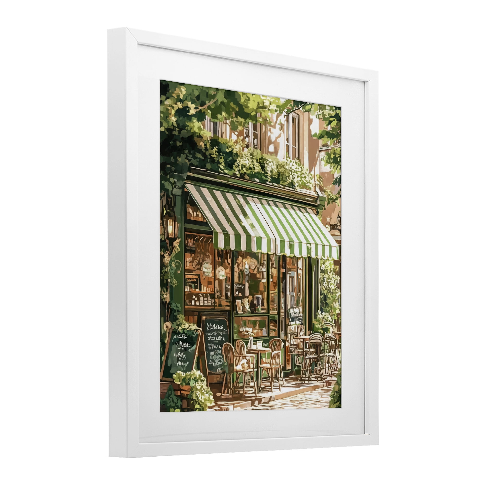 Stupell Industries Coffee Shop Awning & Greenery White Framed Print Under Glass, design by LSR Design Studio