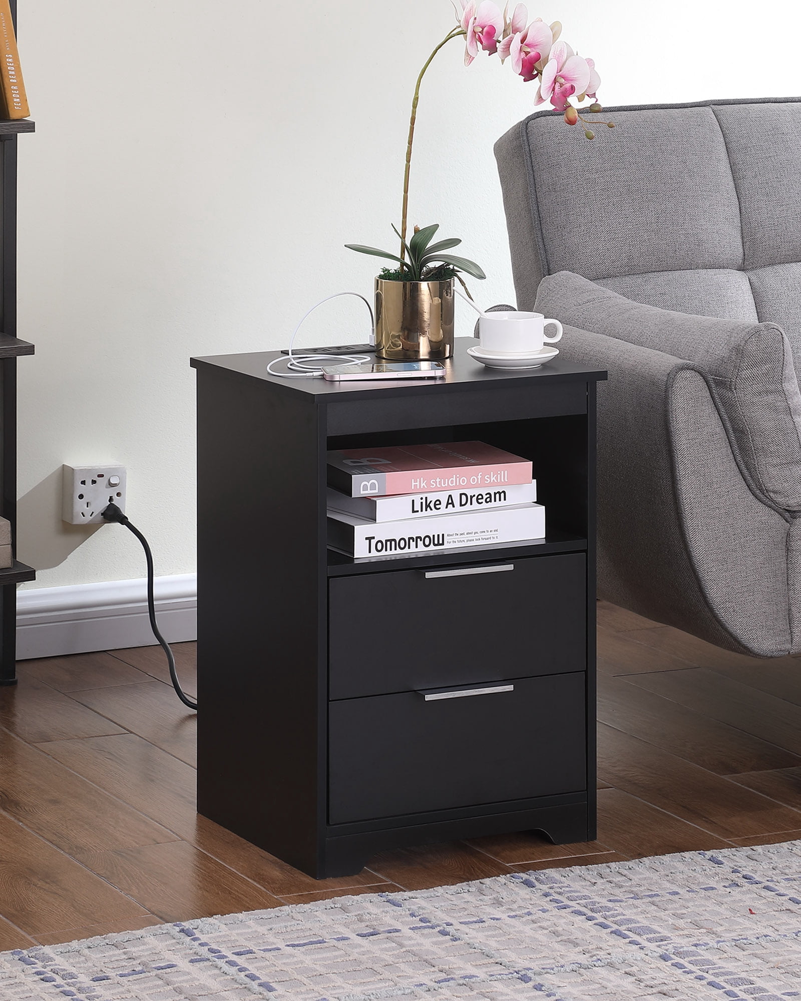 Nightstand with Charging Station,End Table with 2 Drawers,Wooden End Table with Drawer and Opening Shelf,Side Table for Bedroom, Black