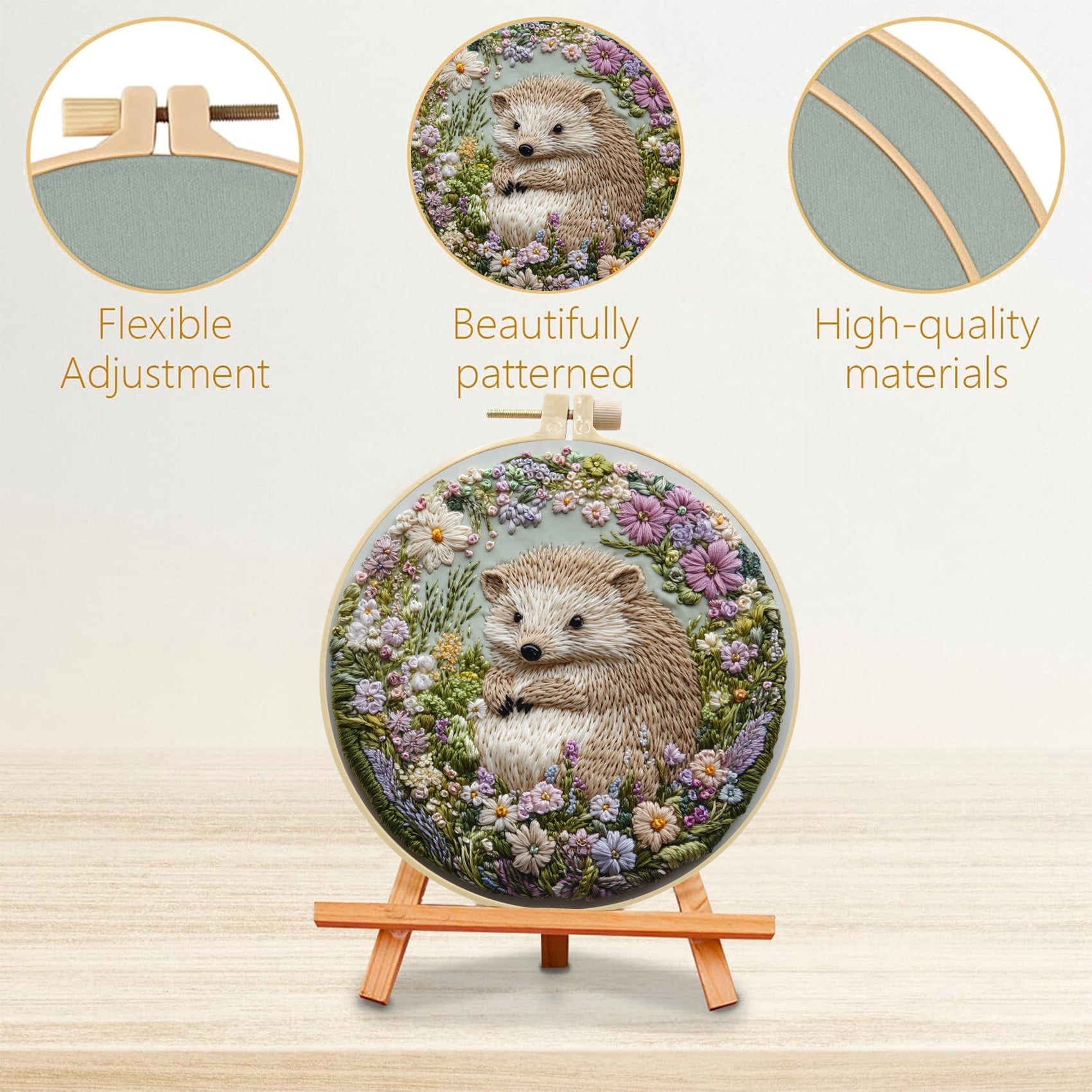 HVEST 4 Pack Hedgehog and Flower Embroidery Kit for Beginners -  Cute Animal with Embroidery Pattern, Hoop, Complete Cross Stitch Supplies (Needle/Threads/Scissors) DIY Craft for Adults Sewing Hobby