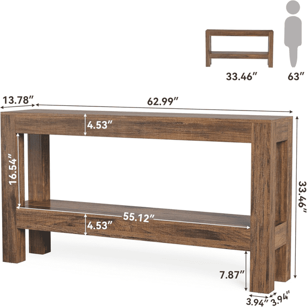 63" Rustic Farmhouse Console Table - 2-Tier Storage Shelves, Rich Brown Wood Grain, Sturdy MDF, Narrow Design for Entryway, Hallway, Living Room, Sofa Side