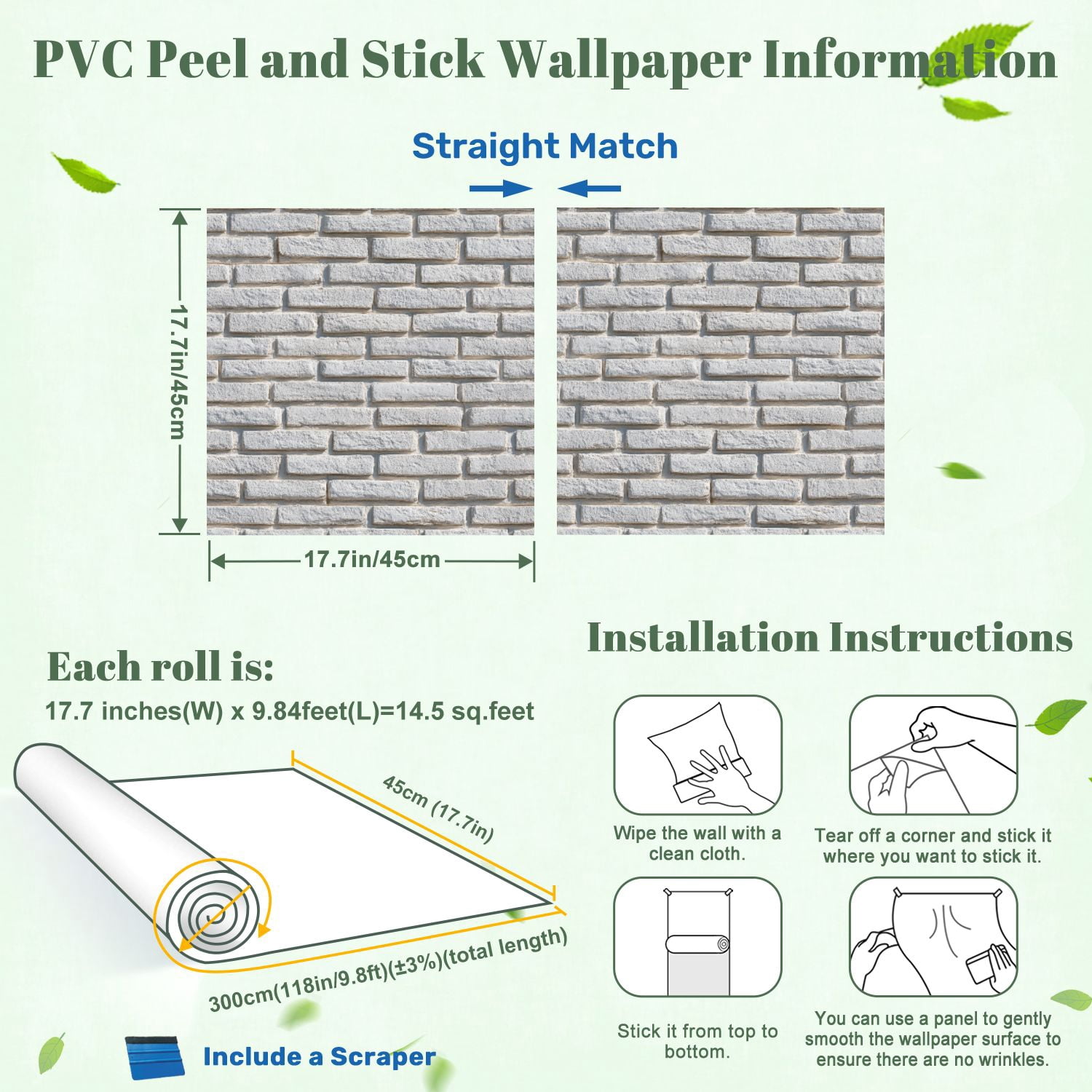 Peel and Stick Wallpaper White Brick Effect Wall Subtle Shadow Rough Surface Detail 17.7in x 118in Contact Paper Removable Self Adhesive Wall Mural Wall Decor for Bedroom Kitchen Cabinets