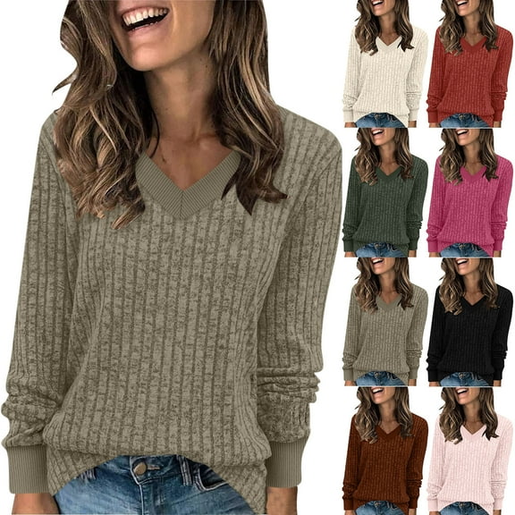 qolati Oversized V Neck Tops for Women Ribbed Knit Long Sleeve Shirts Casual Loose Tunic Sweaters Fall Winter Outfits Beige XXL