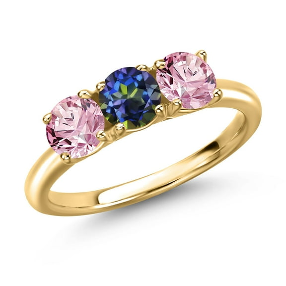 Gem Stone King 18K Yellow Gold Plated Silver Blue Mystic Topaz and Pink Lab Grown Diamond Engagement Ring for Women | 1.50 Cttw | Round 5MM | Gemstone November Birthstone | Size 9
