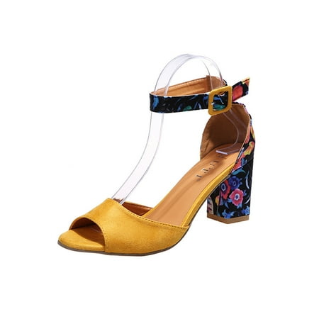 

Woobling Ladies Dress Sandal Summer Heeled Sandals Beach High Heels Wedding Pumps Peep Toe Ankle Strap Buckle Yellow 8